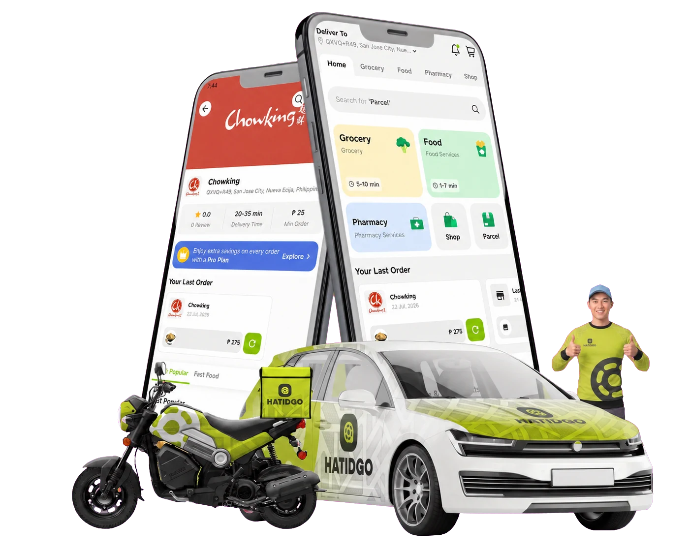 HatidGo customer apps with rider, motorcycle, and delivery car